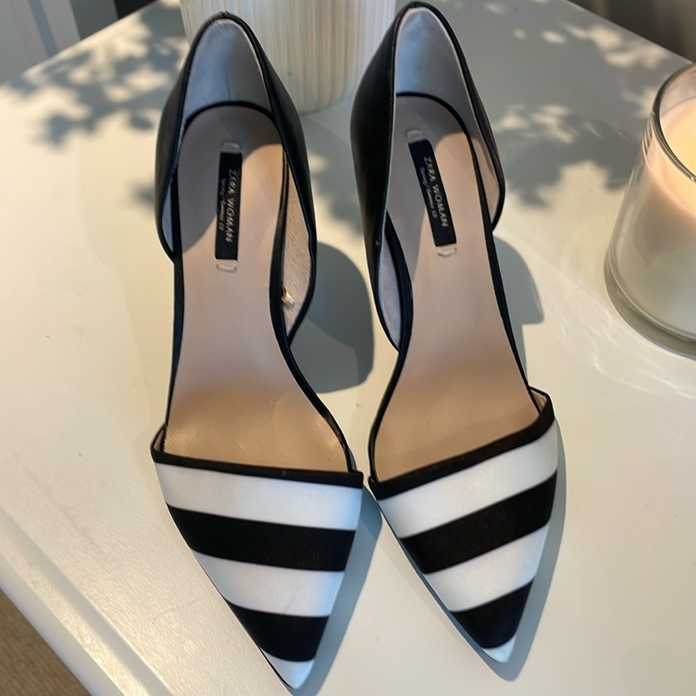 Zara black and white striped heels
